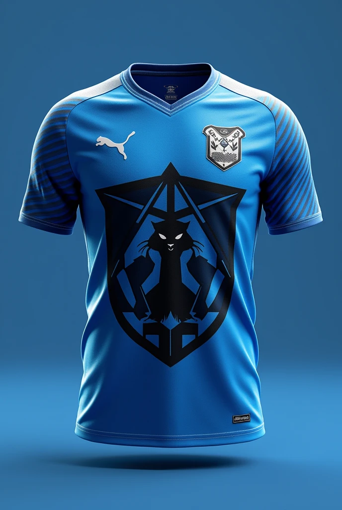 Blue shirt with silver lines outlining the shirt, name and number on the back in black and shield on the left chest, black shield with 4 upper points and 1 lower point and a cat sitting in the middle.