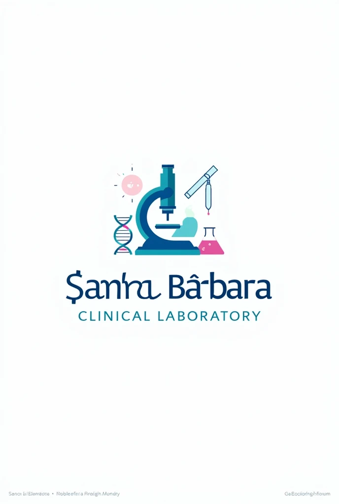 I want you to create a bioanalysis logo with a white background and an optical microscope, DNA chain, Erlenmeyer flask and the name Santa Bárbara Clinical Laboratory written in very beautiful letters, making it innovative, eye-catching and creative.