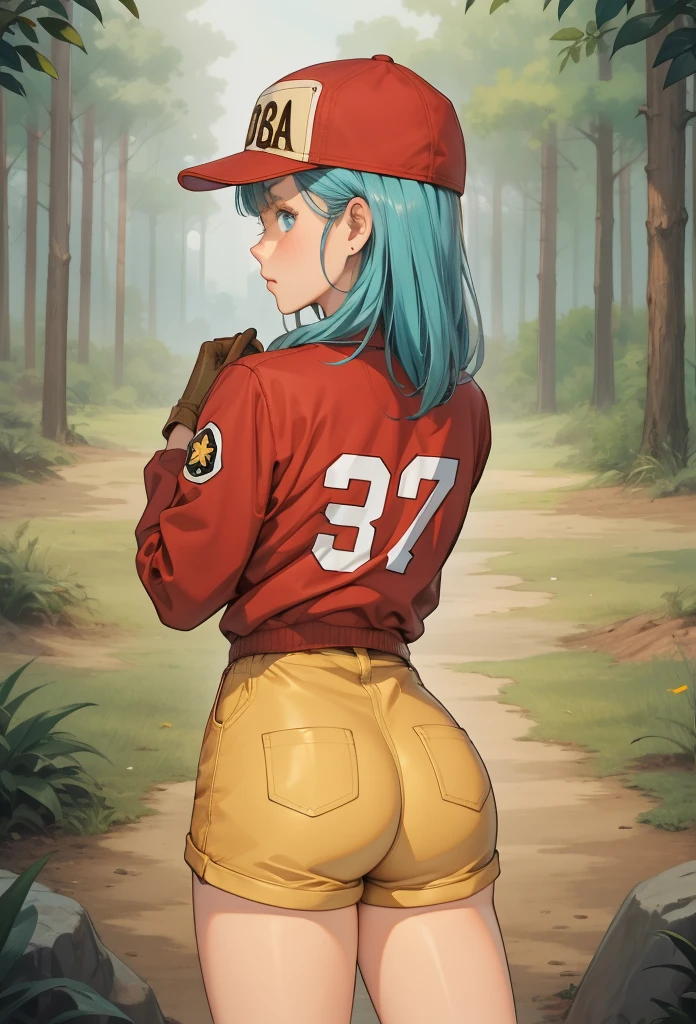perfect eyes:1.2, detailed eyes:1.4, serious, blmlong, aqua hair, blue eyes, bangs, gloves, collarbone, jacket, eyelashes, straight hair, clothes writing, red jacket, brown gloves, zipper, brown shorts, baseball cap, fringe_trim, hat writing, looking at viewer, cowboy shot, ass, from behind, forest, cowboy shot, 1girl, solo, (masterpiece:1.6, best quality), 8k, insane details, intricate details, hyperdetailed, hyper quality, high detail, ultra detailed, professional, HDR, ray tracing reflection, cinematic lighting,
