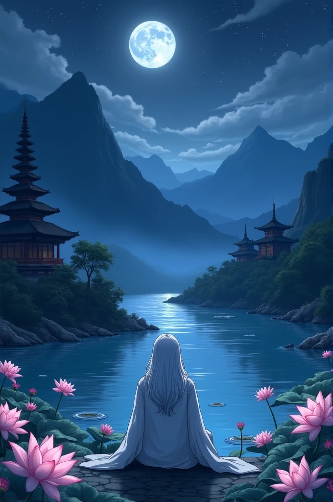 Gojo satoru sitting watching the beautiful night view, lotus, river, mountains, buddha temples, moon ( Gojo Satoru wearing his shirt )