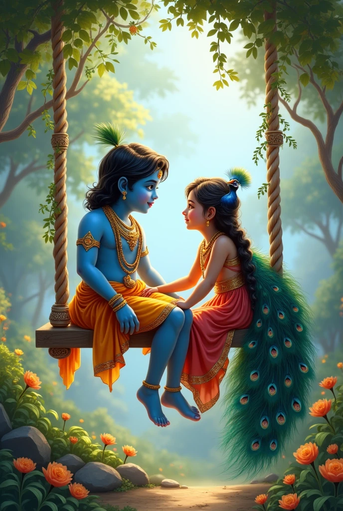 Child Krishna sitting on swing with a girl named pallavi a peacock in near foot