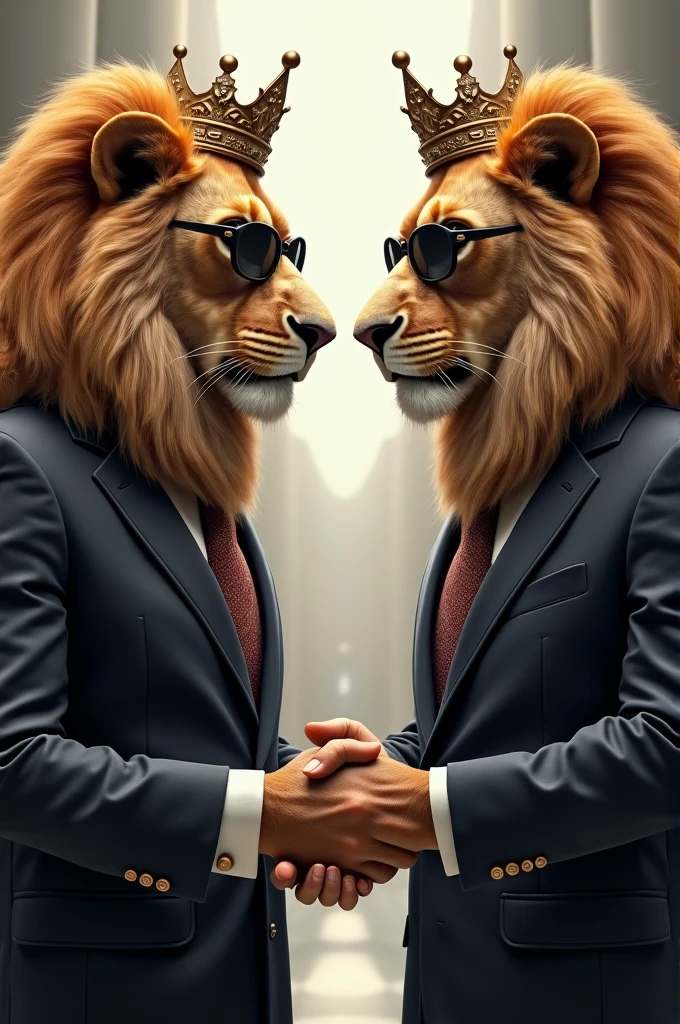 A lion who is wearing a crown, suit and sunglasses and he doing handshake with another same lion