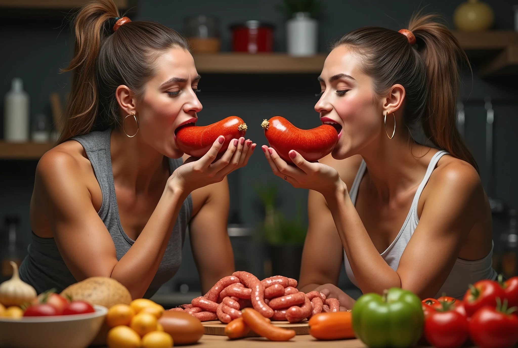 Heaps of food in both hands,muscular women Eating penis shaped sausage battle contest,in kitchen stadium,