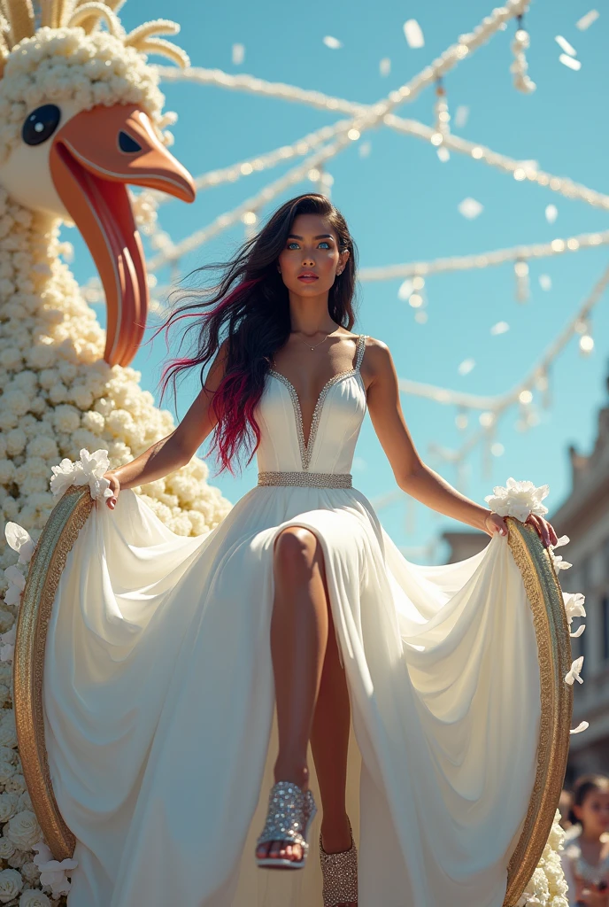 8k full view a tan skin Spanish woman with extra long beautiful Italian American woman, blue eyes, long black and red ombre hair with blue highlights, riding on a float on the back of a lorry in the parade with white flowers, white confetti coming down, couple of swan ornaments on the float wearing a long white dress with a high slit up the thigh, white glittery ribbon white sparkly shoes