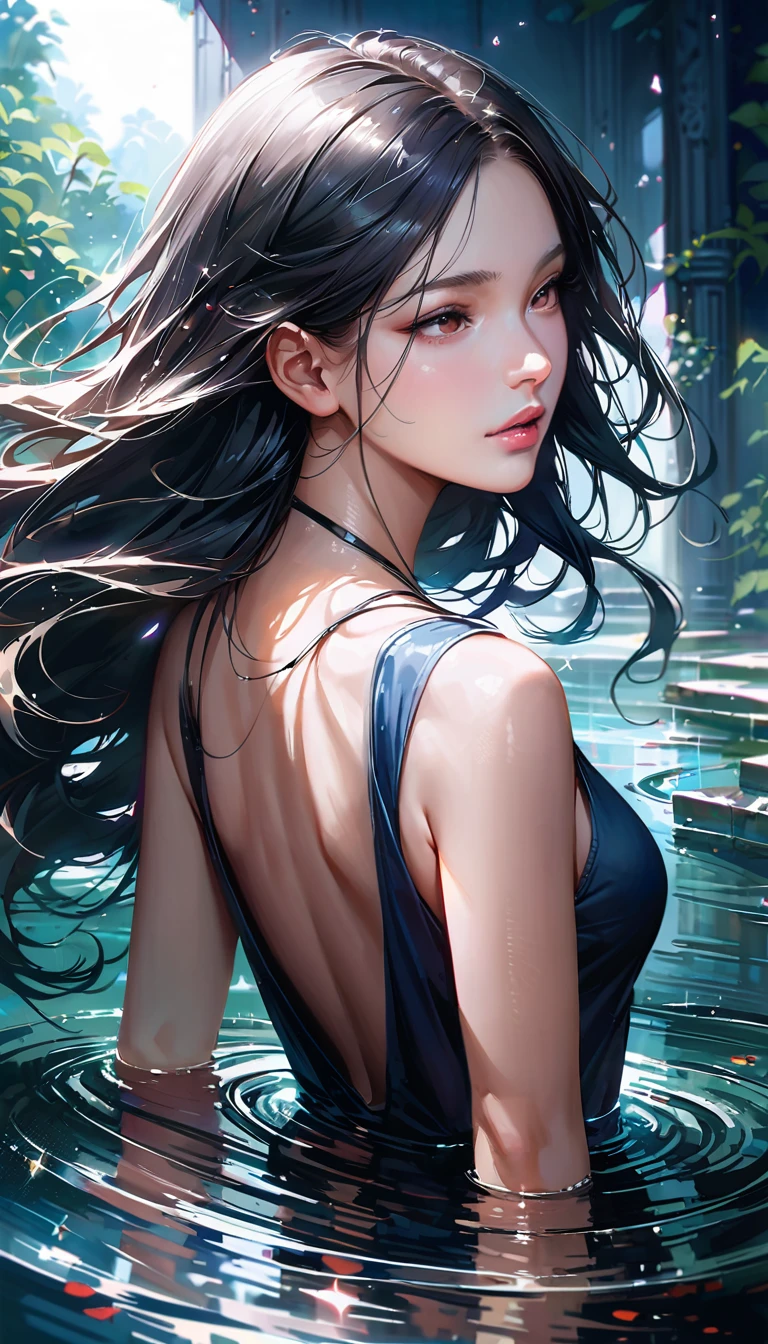 (realistic,photorealistic),(best quality,4K,8ก,height,Masterpiece:1.2),ภาพผู้หญิงนอนหงายบนน้ำและFloating on the surface of the water, Floating on the surface of the water, head tilted back, ผมเปียกที่Floating on the surface of the water, Close your eyes,peace and tranquility,Conveying an atmosphere of complex sensuality, As if inviting the audience into her world in a moderate way.:oil painting,Soft and gentle brushwork,A calming shade of blue,delicate reflection,Dreamlike atmosphere,Detailed facial features,Long, wavy hair,calm expression,Gentle ripples on the water,Light rays pass through,Delicate shimmer and sparkle,Slight distortion in water,harmonious elements