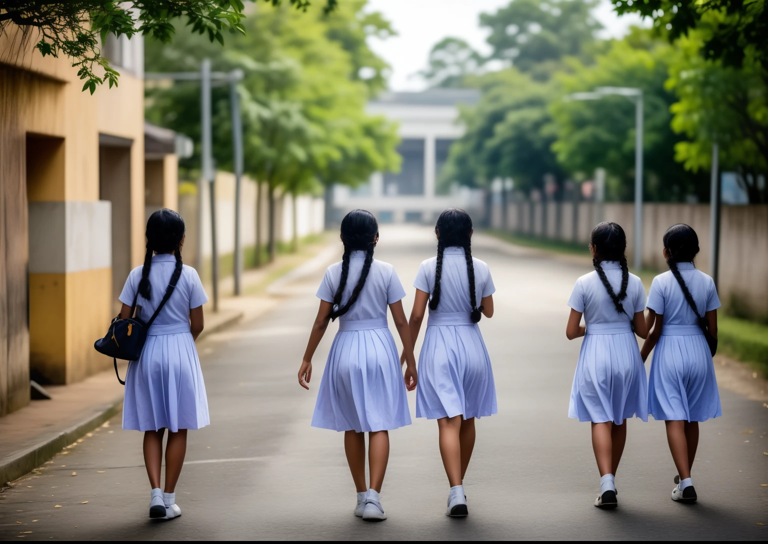 Raw photo, two beautiful Sri Lankan teen schoolgirls, with plaited hair, four girls coming towards the camera in a school walkway , wearing white frocks and blue color ties, white shoes, with school backpacks, professional photographer, (hdr:1.4), masterpiece, ultra-realistic 8k, perfect artwork, intricate details, cute face, award winning photograph, (Best quality, 8k, 32k, Masterpiece, UHD:1.3)