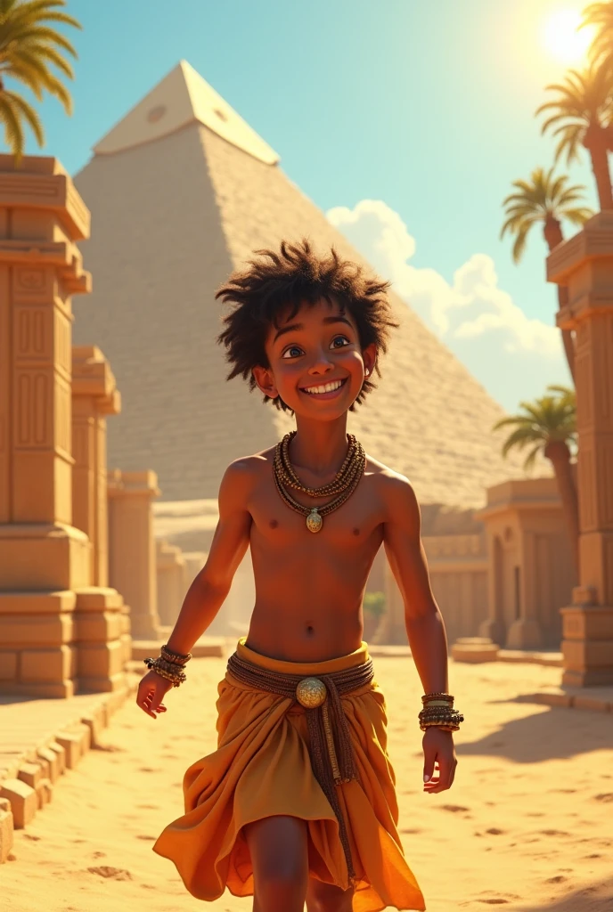 A vibrant scene from Ancient Egypt showing a very happy ager. The teen, dressed in typical Egyptian clothing of the time, like a kilt and a beaded necklace, is smiling broadly as he plays near the pyramids. The scenery includes the great pyramids of Giza in the background., and the surrounding environment is enriched with historical details, like sphinxes and hieroglyphics. The sunlight is bright, creating a happy and warm environment