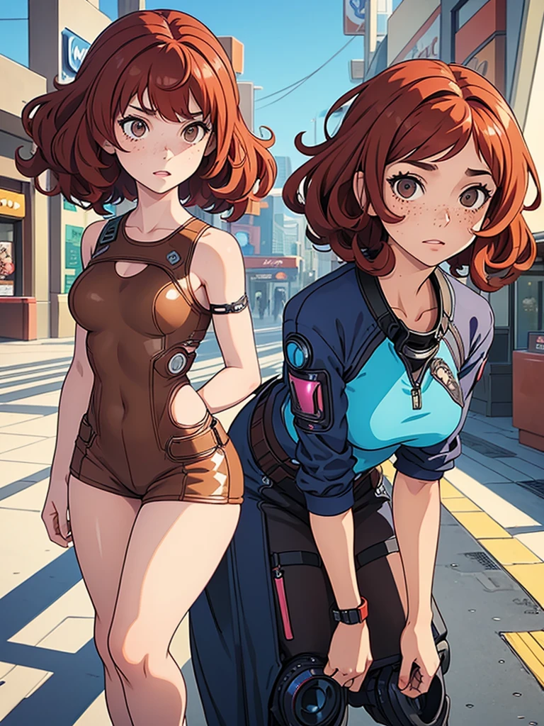(masterpiece), (best quality), 1 girl, red hair,((brown eyes)),curly hair, short curly hair, brown eyes, anime style, freckles, (mall breast, (petite figure), blue cyberpunk clothes, legs, desert background
