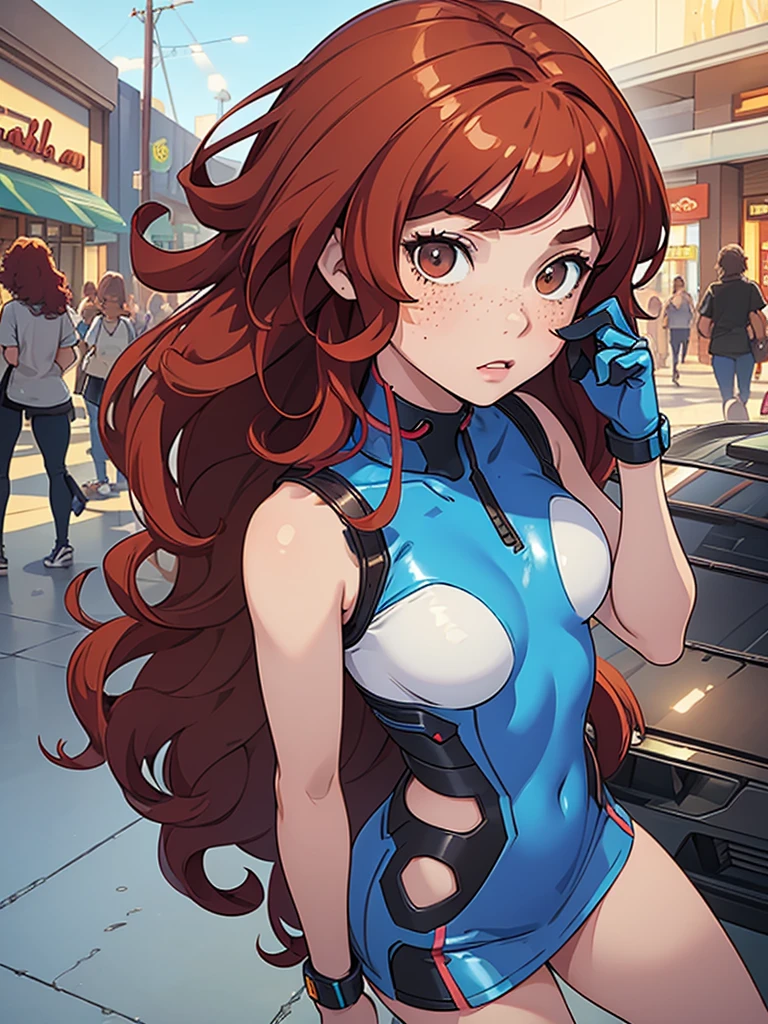 (masterpiece), (best quality), 1 girl, red hair,((brown eyes)),curly hair, short curly hair, brown eyes, anime style, freckles, (mall breast, (petite figure), blue cyberpunk clothes, legs, desert background