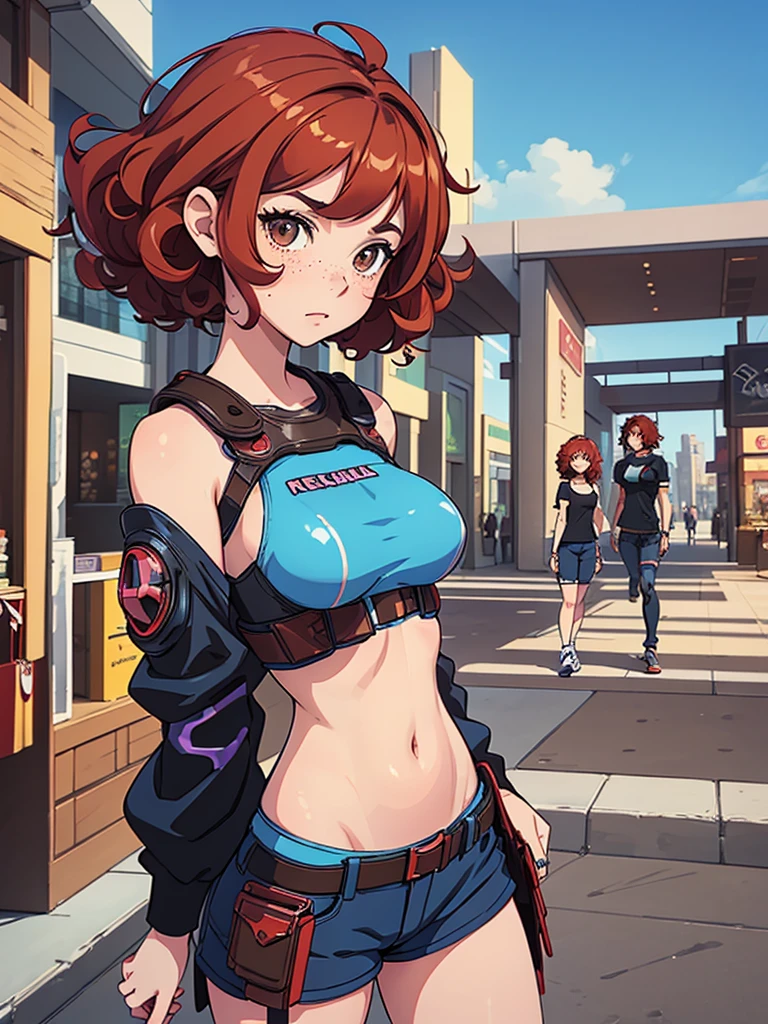 (masterpiece), (best quality), 1 girl, red hair,((brown eyes)),curly hair, short curly hair, brown eyes, anime style, freckles, (mall breast, (petite figure), blue cyberpunk clothes, legs, desert background