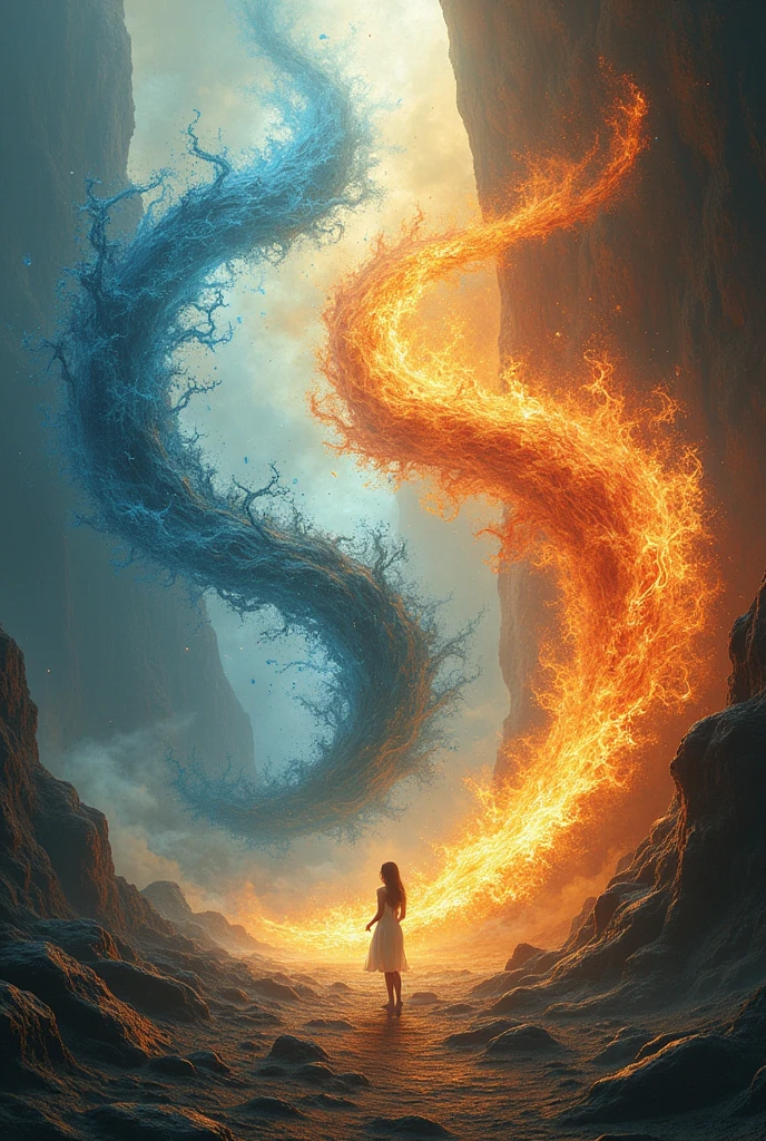 All four elements—Earth, Water, Fire, and Air — come together in a mesmerizing dance. The ground shifts and rises, water spirals and flows, flames twist and turn, and the wind swirls through it all. The elements interact in perfect harmony, each enhancing the other. The colors blend seamlessly, creating a dynamic scene filled with movement and energy, where the forces of nature perform a synchronized, otherworldly ballet.