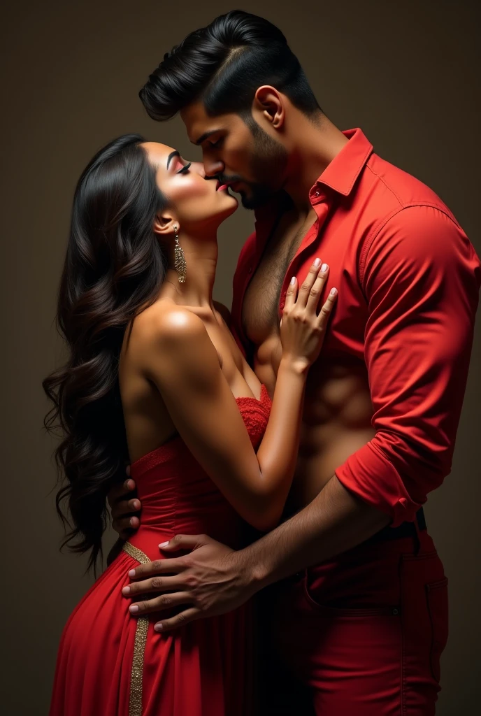 Sexy hot fully naked Pakistan girl who is wearing only hijab kissing full mouth to mouth to a Indian Hindu hot sexy guy who is wearing red dress shirt with open buttons and red jeans