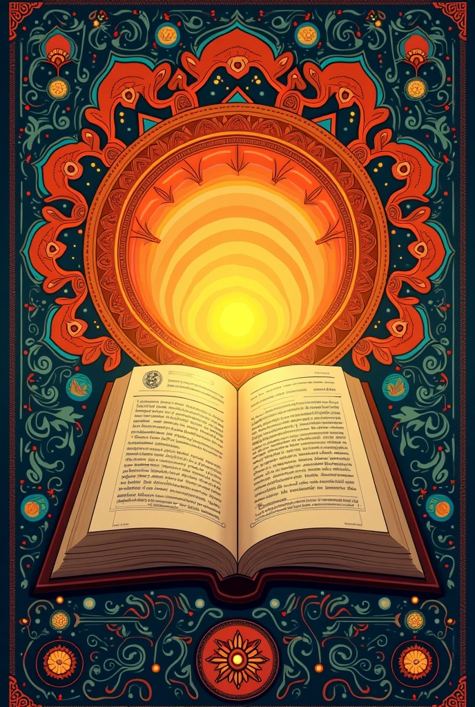 Symbol: A book with a rising sun behind it, surrounded by diverse patterns symbolizing different cultures.