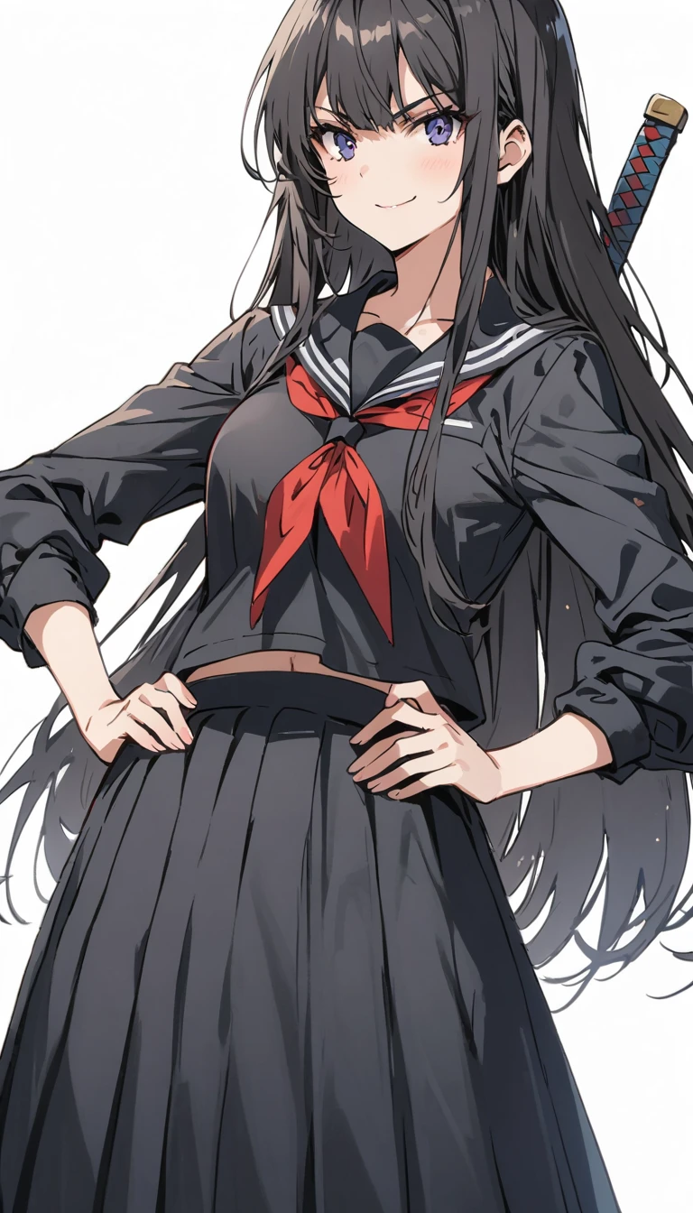 high school girl　beauty　Black Hair　Straight Long Hair　smile　Glare　frivolous attitude　Glaring at me　Black Sailor Suit　Long skirt　Roll up your sleeves　belly button　Put your hands on your hips　Carrying a sword on your shoulder　School