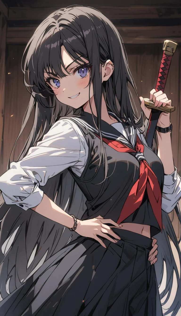 high school girl beauty Black Hair Straight Long Hair smile Glare frivolous attitude Glaring at me Black Sailor Suit Long skirt Roll up your sleeves belly button Put your hands on your hips Carrying a sword on your shoulder School