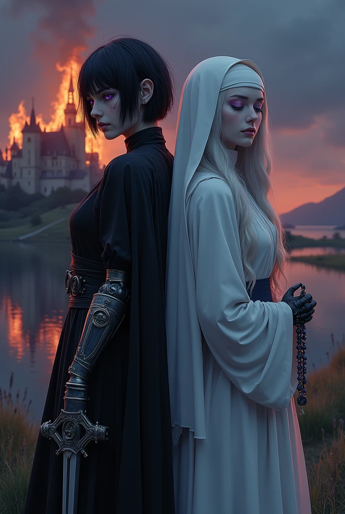 Two pale middle-aged girls back to back with violet eyes, with the one on the left wearing dark alchemist clothes and with the left arm with a steampunk prosthesis holding a dagger with the symbol of Baphomet, short black hair with a cut on the face, and the one on the right in white nun's clothes holding a rosary with closed eyes and long white hair with a castle in flames behind at nightfall.