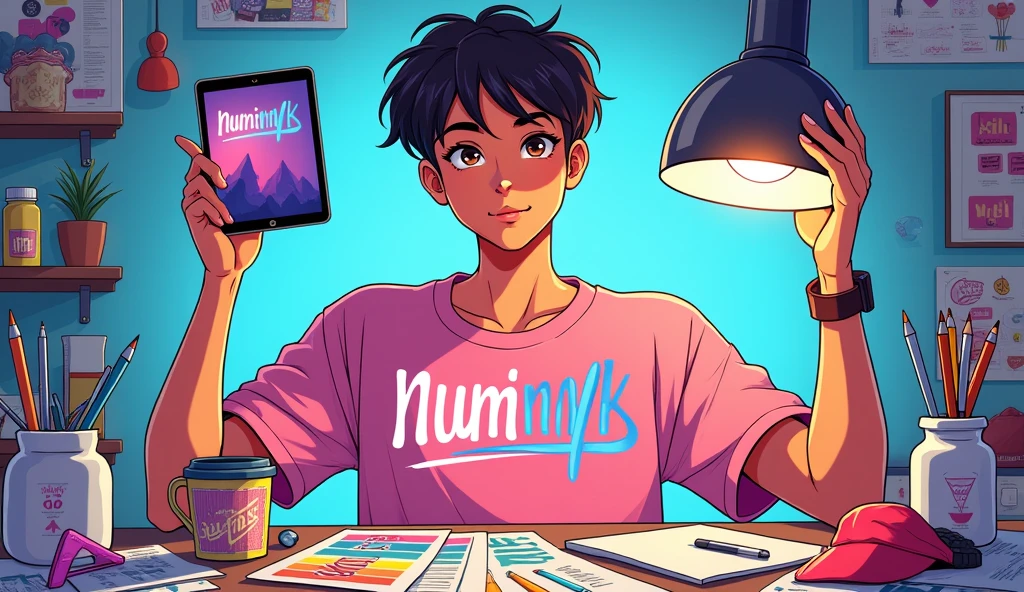 A vibrant, high-contrast illustration of a young, talented designer with a warm, golden-brown skin tone and bright, expressive brown eyes, surrounded by a chaotic yet organized workspace filled with colorful vector designs, scattered papers, and various design tools, proudly holding up a tablet with the "NUMHB-MRK" logo prominently displayed on the screen, as if sharing their latest creation with the world. The logo itself is modern, sleek, and metallic silver, with clean lines and bold typography. The designer is wearing a trendy, pastel pink vector-patterned shirt, with a few of their favorite design pieces, such as vector-printed cups, hats, and hoodies, strewn about the workspace. The background is a subtle, gradient blue, evoking a sense of creativity and inspiration. The overall mood is lively, playful, and youthful, with bold lines, bright colors, and a mix of digital and physical design elements. The illustration style is reminiscent of Japanese anime, with exaggerated facial features and dynamic poses. The text "Online Sale, Best Quality, Ultra High Res" is displayed prominently in a curved, modern sans-serif font, with the words "Online Sale" in a bright, poppy pink and the rest of the text in a sleek, metallic silver, echoing the logo's color scheme.