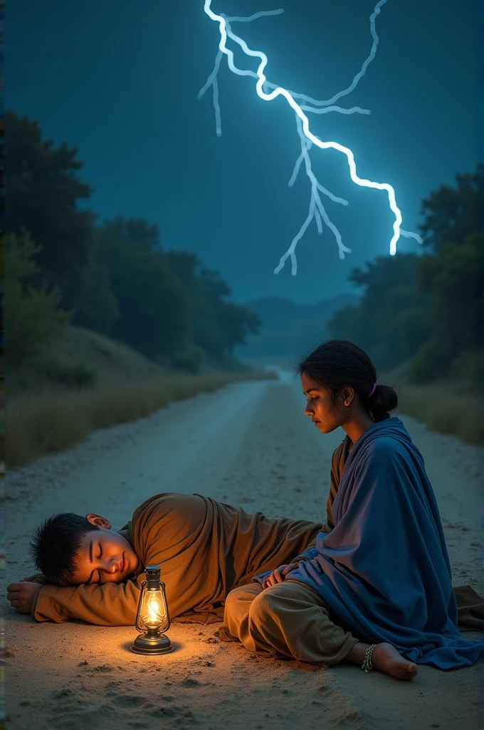 Upagupta ,the young man 2, disciple of Buddha wearing sage clothes, is lying on the side of dusty road of Mathura without any pillow or any other amenities in 3rd Century BC at a stormy night and a young woman sits besides sleeping Upagupta.She is dressed in blue mantle and is having young body and wearing anklets and has a old kerosene lamp in her hand.They both are alone and a lightning is struck at that time.She sees him sleeping on the road and sees his face through the lamp.