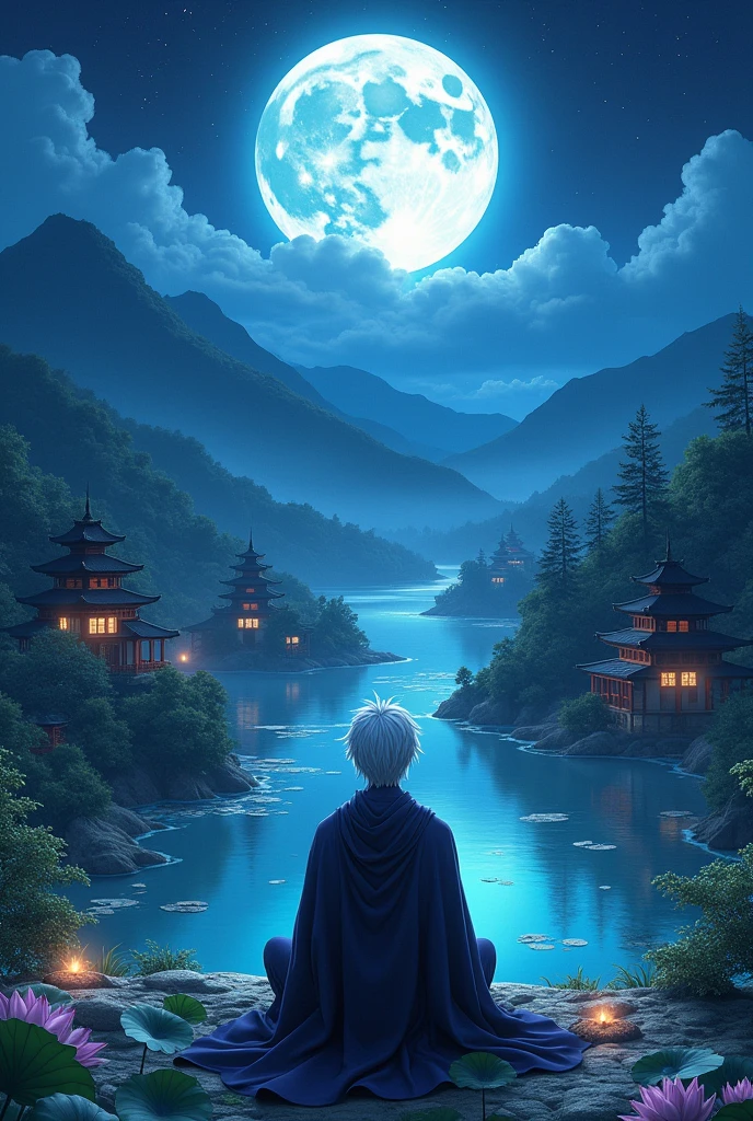 Gojo satoru sitting watching the beautiful night view, lotus, river, mountains, buddha temples, moon