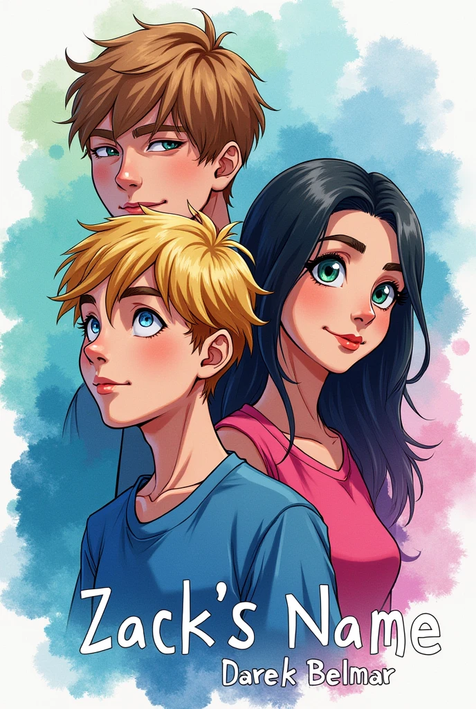 Create a book cover with the colors blue, pink and green, with two adult boys, One blonde and one brown-haired and a black-haired adult girl in the background, watercolor style, with the title "Zack's name" and the author's name "Darek Belmar" On the bottom.