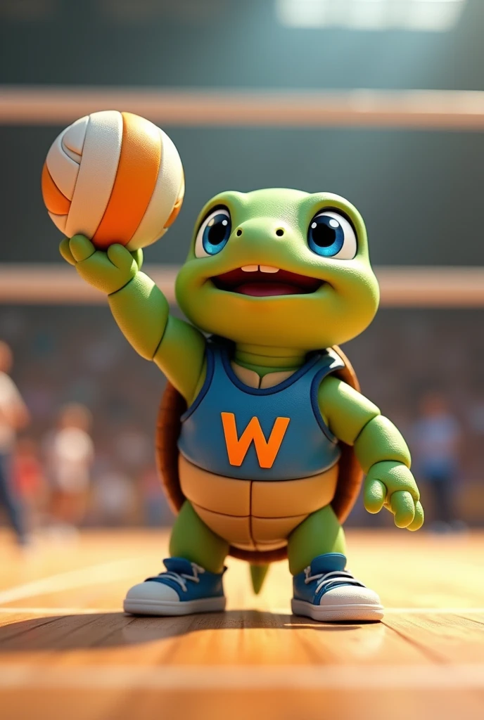 Waku, an adorable turtle with vibrant green skin and a rich brown shell, looks up with bright blue eyes shining with excitement, as if celebrating a triumphant spike, stands on a modern volleyball court covered with polished wooden floors, holding a volleyball in her hand, wearing a blue tank top with a stylized orange lowercase "W" logo on the chest, her tiny tennis shoes laced up and ready for the On the next serve, capturing the essence of its cheerful and competitive spirit, with soft, warm lighting casting a comforting glow on the overall scene.