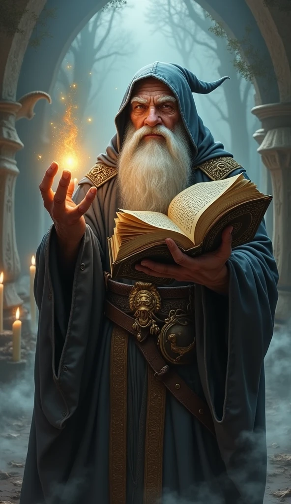 A stern gnome priest holding up a sacred book, Fantasy, Wizardry