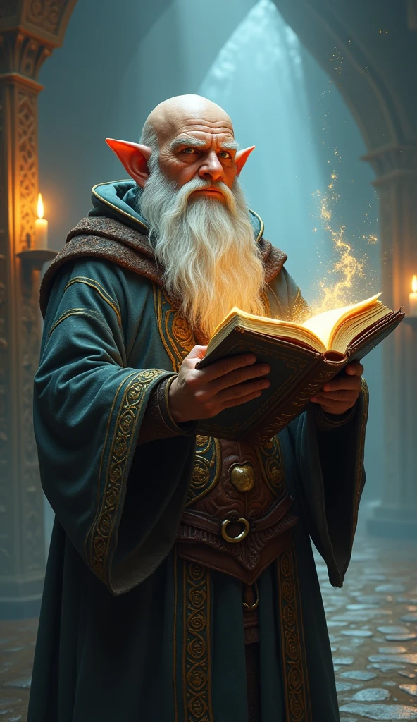 A stern gnome priest holding up a sacred book, Fantasy, Wizardry