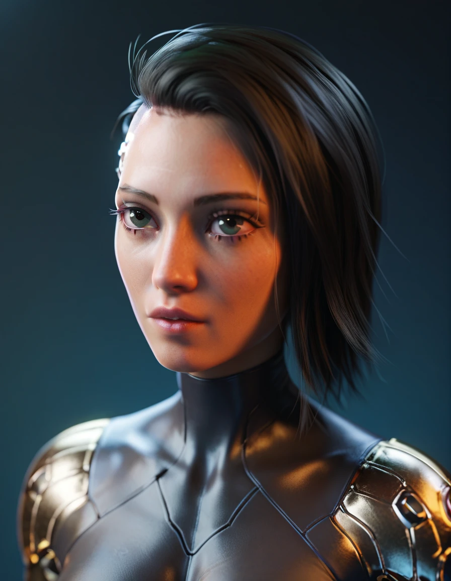 Alita, Bblack hair, eyes browns, eyes large, upper part, latex blouse, looking at the spectator, ssmile, Metal body, robotic body, cyberpunk, best qualityer, cinematic quality