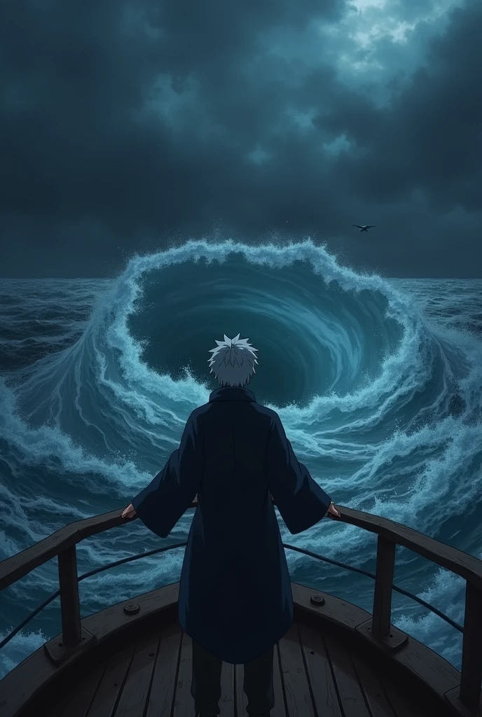 Sakata Gintoki from Gintama,Hands holding the ship's barrier,Standing at the edge of the ship's deck and looked at the sea.with feelings of sadness, resignation and a small smile challenging fate.The ship is in the Side and will enter a very large whirlpool. The sky was a thick, heavy storm. Night time.The picture was taken from the Back side using drone