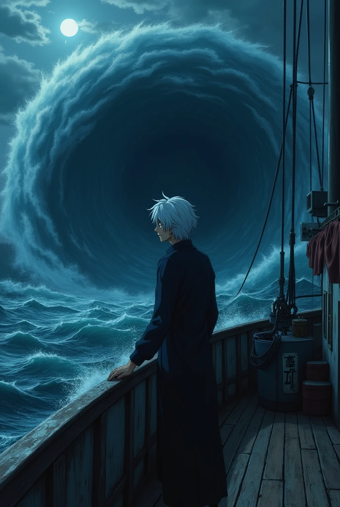 Sakata Gintoki from Gintama,Hands holding the ship's barrier,Standing at the edge of the ship's deck and looked at the sea.with feelings of sadness, resignation and a small smile challenging fate.The ship is in the Side and will enter a very large whirlpool. The sky was a thick, heavy storm. Night time.The picture was taken from the Back side using drone