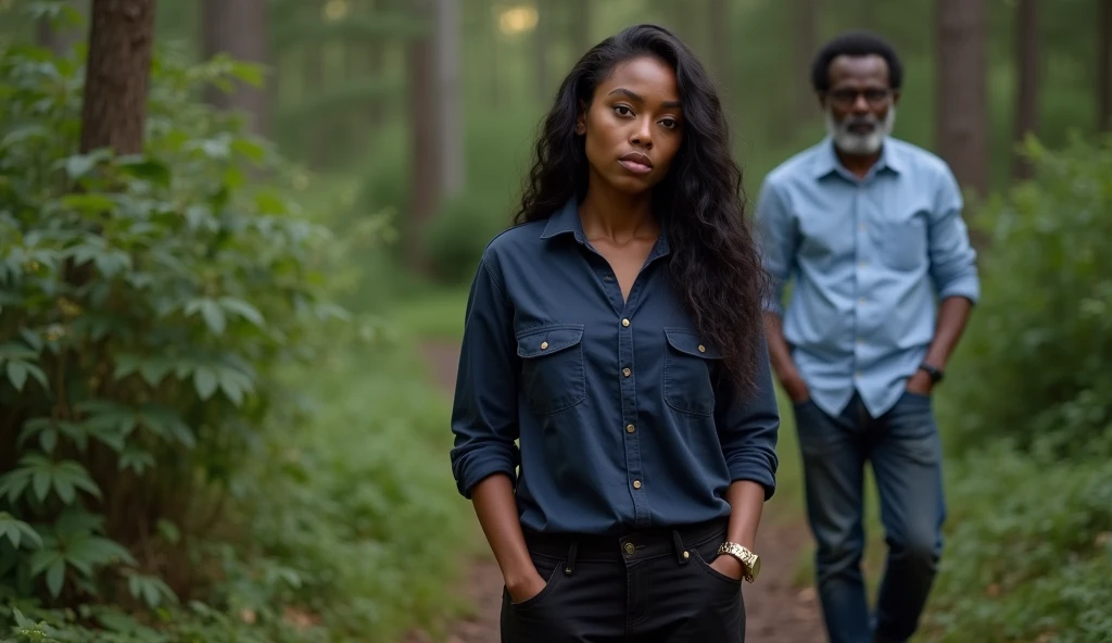 the best photo, the most realistic ,Clareza 4K, black female , black hair with long length ,age 25 ,Dark blue cotton shirt with black pants, Delicate face, long hair, ebony skin , .the woman is distracted (woman is not looking at the photo ) and in the background there is a forest with bushes. 1 black man , aged 50, fatter ,african hair, sem beard , wearing a light blue dress shirt, black boot, and dark jeans