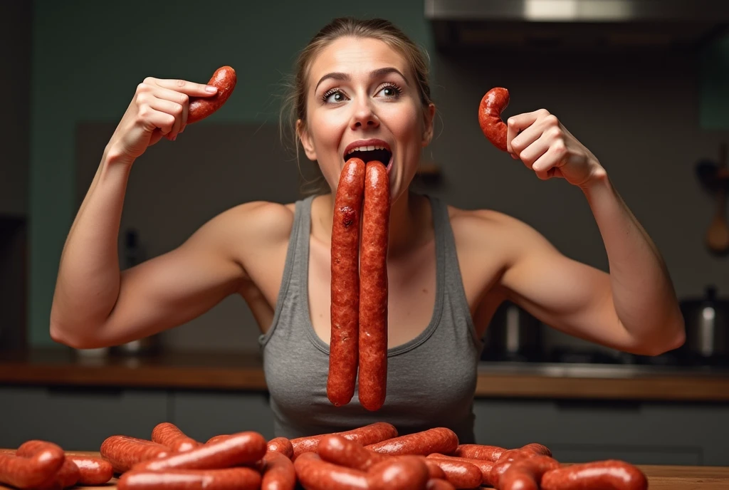 put sausage in mouth,Heaps of sausages in both hands,muscular woman Eating penis shaped sausage battle contest,in kitchen stadium,
