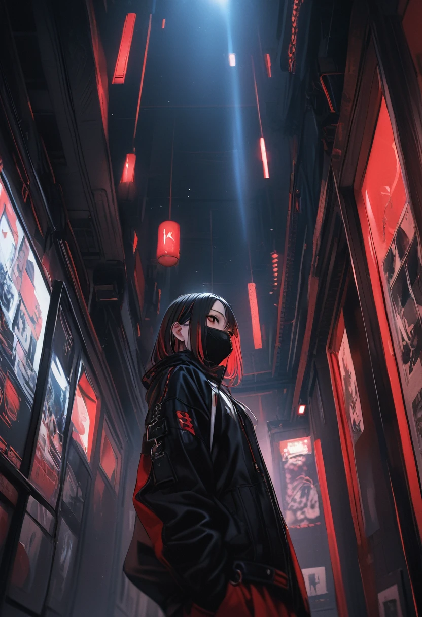 Highest quality、8k、masterpiece:1.3、Gothic Punk、The inside color is red、Black-haired、hair ornaments、Beautiful girl、creative、Dark Fantasy Style、Neogoth、Goth Fashion:1.2、High resolution、masterpiece、Highest quality、頭w:1.3、((Hasselblad Photos))、Fine skin、Sharp focus、(Cinematic lighting)、Realistic textured hair、((Black Mask)),Whole Body Ezbian、((View from below))