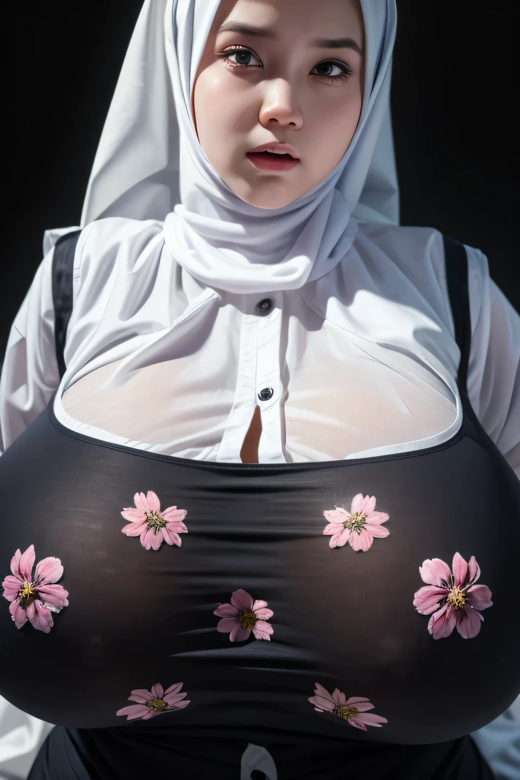 Jumbo (Singlet), Chubby adorable, 1 girl, (face to face), , , angry face expression, half body portrait, (face details: 1), (eye details: 1), ((big breasts)). wearing transparent transparency soft long shirt, hijab, .. Cute posed. proportional body. Ultra High Res. realistic: 1.4, UHD, ((flowers pattern)), ((Bigger:2.3)), (((DARK BACKGROUND)))