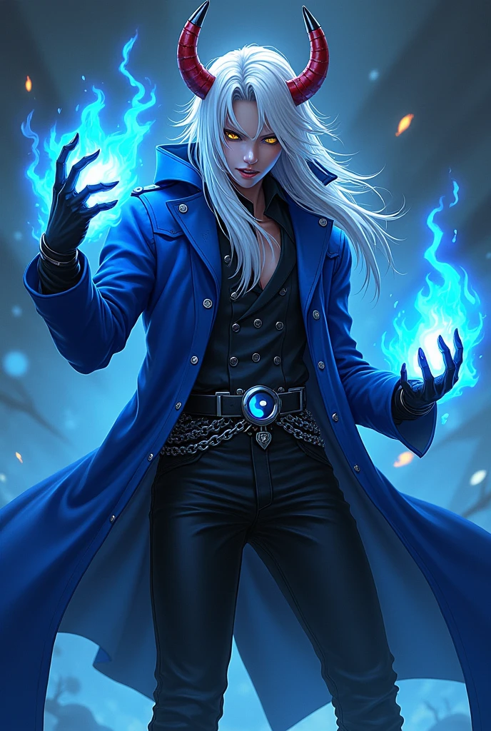 Male sexy demon age 20, greman, crazy smile, yellow eyes, white hair visual kei, evil eyes, long crazy smile, royal blue and black leather matrix long gabardine open, red orange skin, red horns, black cargo pants, only right arm on blue flames, cyberpunk japanese style, belt with a blue ying yang, chains around the belt, athletic, magic powers, action, cunning look, demon alligator legs, black cat nails, hit pose, black night background, uncovered head