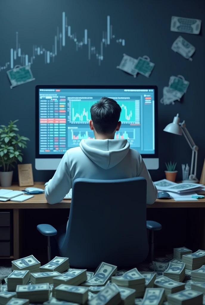 Create a 3d image of a man sitting in trading room on money and working on trading application on his pc the boy face not visible must white hoodie and his name "G ♡ G" written on the wall clearly not visible . Pic from back side pc monitor visible