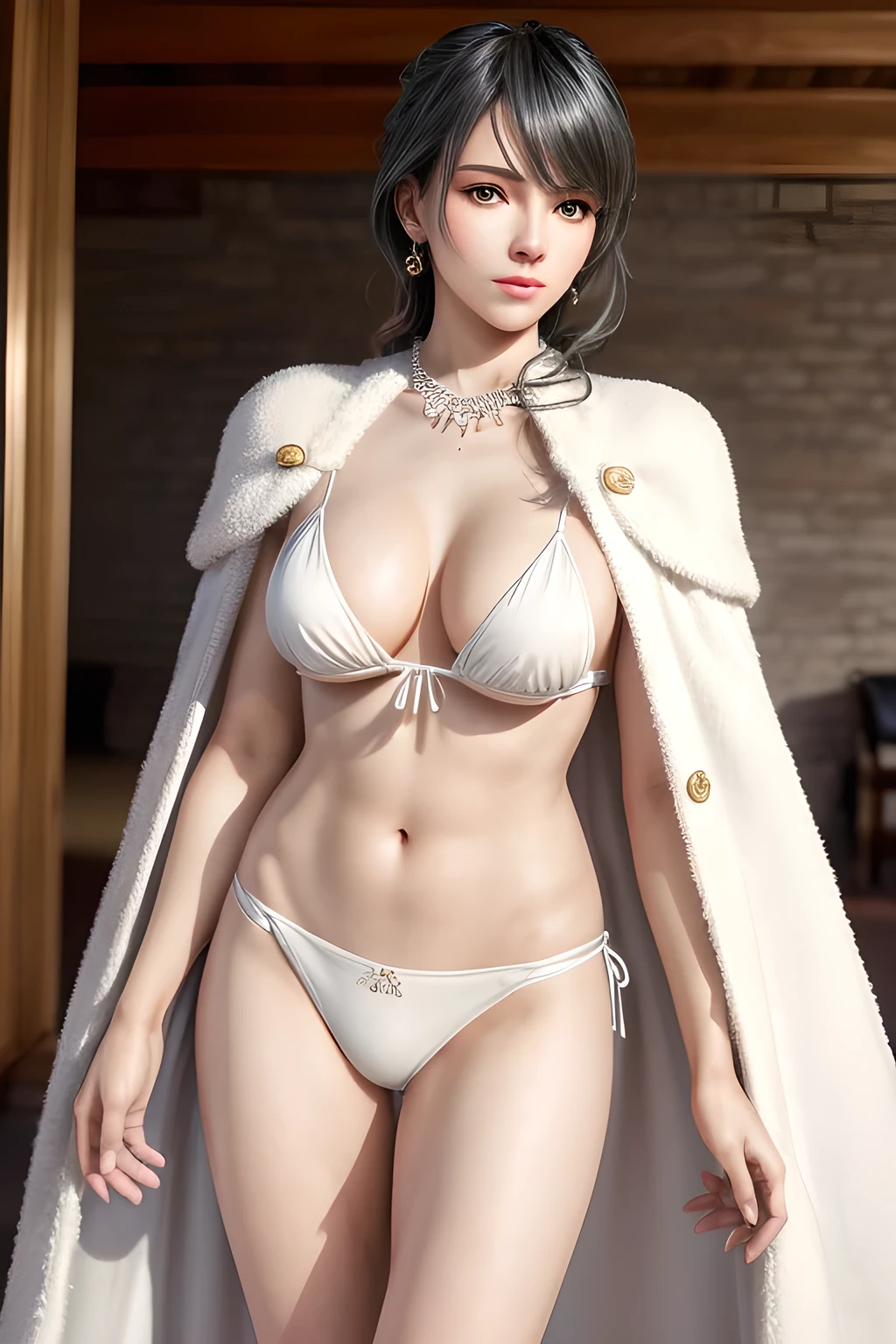 A lady with extraordinary temperament, she stands in a modern indoor space, as if she is a model from a fashion magazine. She is wearing a (pure white long fur cape), the softness and luster of which makes her look more noble under the light, and complements her (beige bikini) underneath, showing her gentle temperament while maintaining a sense of fashion. The style of the dress is simple and generous, a perfect match, and it lengthens her figure, making her tall and charming. The lady's makeup is delicate and elegant, which just highlights her facial features and makes people unforgettable at first sight. Although the earrings and necklace she wears are not ostentatious, they add a bit of sophistication and nobility to her overall look. Her hair is casually draped over her shoulders, and every strand of hair exudes a natural luster,, (best quality,8k,highres,masterpiece:1.2),ultra-detailed,(realistic,photorealistic,photo-realistic:1.37),studio lighting,ultra-fine painting,sharp focus,physically-based rendering,extreme detail description,professional,vivid colors