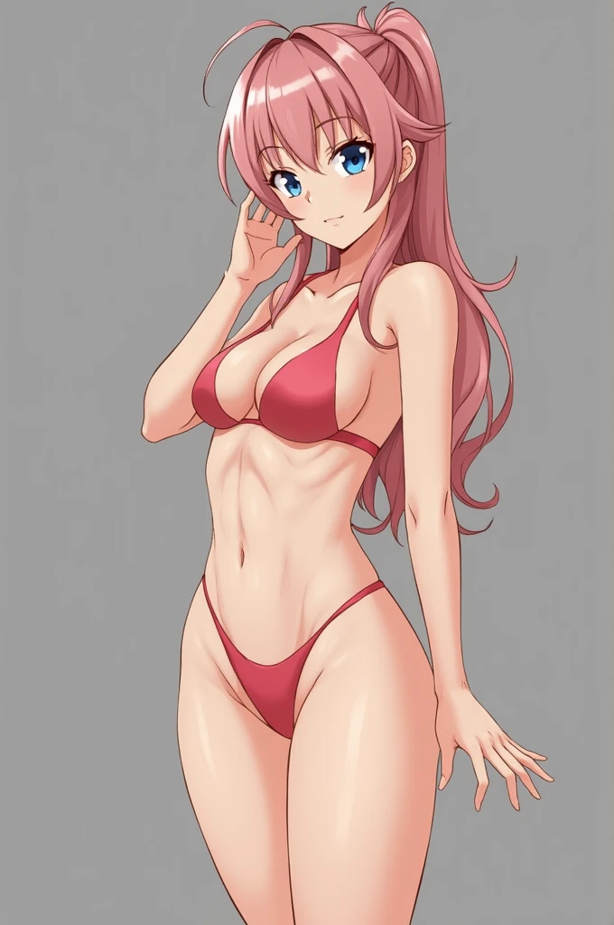 Clouds, Outdoor, fighter, hot flame theme, (masterpiece, , 4K, Best Quality, Anime style: 1.9,, Adult Woman, ultra detailed face, (cloud background, wrestling), Drawing lines, high resolution, Anime, lacus4), 1girl, Solo, curvy figure, very Long hair, 鎖骨, scapular, (Detailed wide hair bangs, Hair Ornament, Detailed reddish-pink hair, golden crest), cleavage, large hands, (female wrestler). (Big blue eyes, shiny eyes), ((female wrestler, thick arms, slender body, broad shoulders, closed fists)), ((perfect proportions, medium breasts, long belly)), (((red micro bikini, red shorts, red wrestling gear, champion))), happy, smile, , (belly dancing, looking at the viewer), , showing off underarm, (elegant lady)