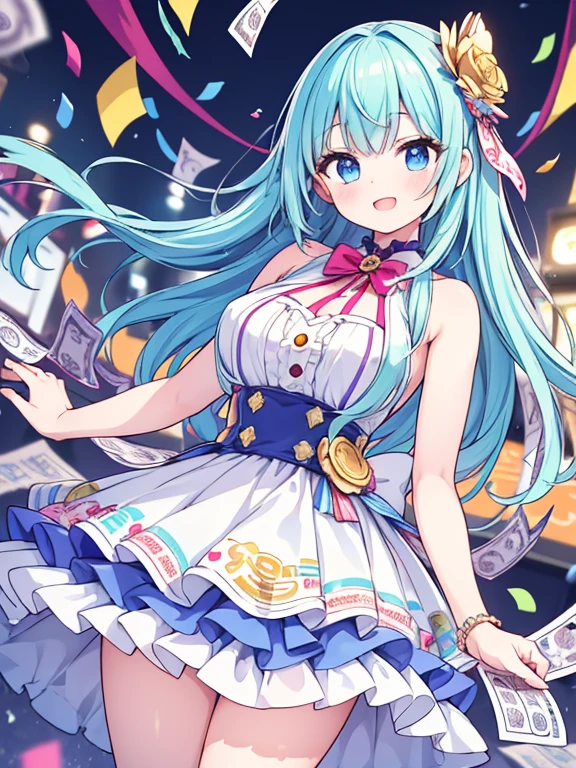 1girl, cute, winning lottery jackpot, cheering, confetti, cowgirl shot, ((best quality), (masterpiece:1.2), (extremely detailed)), perfect face, perfect arms, perfect hands, perfect fingers, anime, ultra-fine illustration, vibrant colors, dramatic lighting, (photorealistic:1.37)