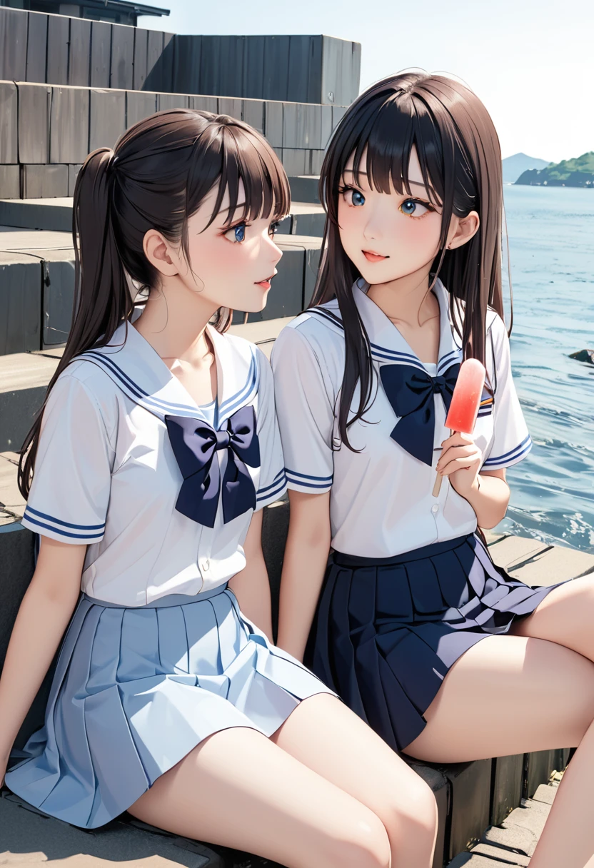 (masterpiece, best quality),Simple design,Two girls sitting opposite each other,A listless look,Popsicles,White background,Breakwater,Summer in Japan,High School Uniform,yo,look each other,