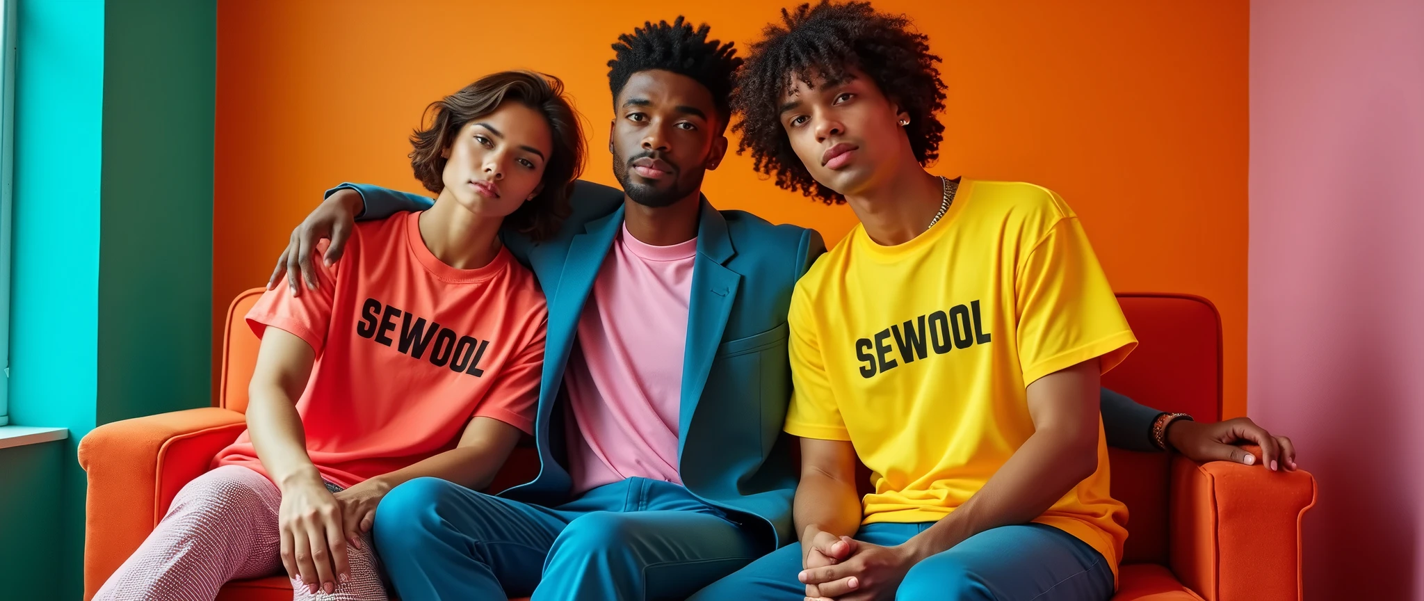 give me a picture of 2 or 3 male models in one picture with wearing oversize t-shirt and wearing formals paint and photoshoot in colourful home, and print the word on t shirt = Sewool

