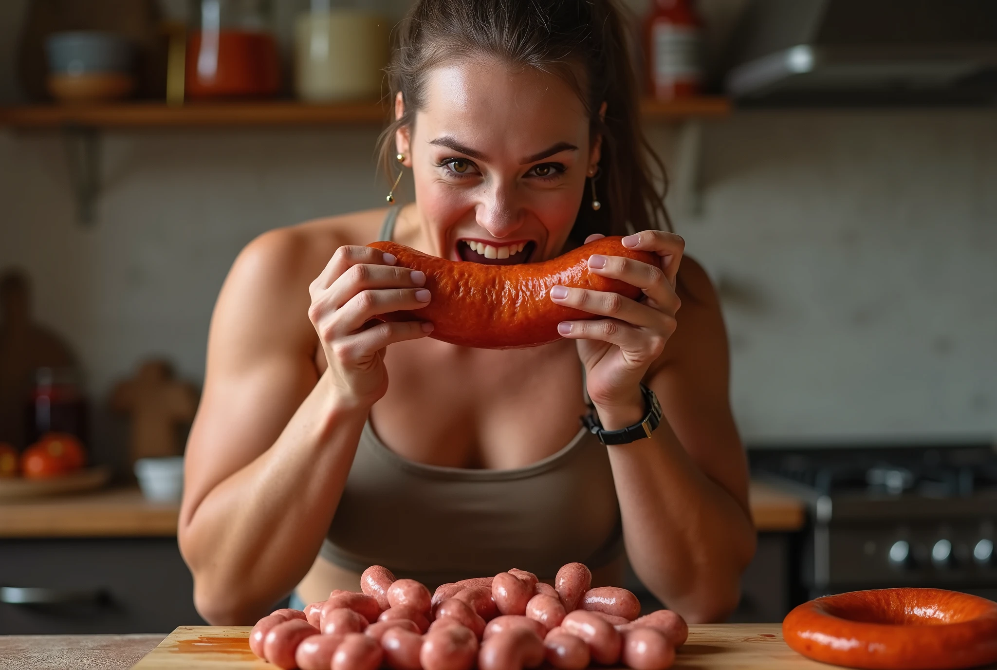 put sausage in mouth,Heaps of sausages in both hands,muscular woman Eating penis shaped sausage 　battle contest,in kitchen stadium,