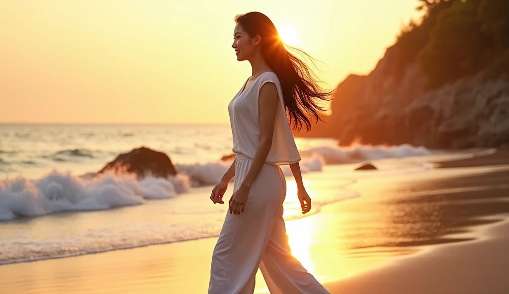 A photo of a beautiful Asian woman with long, wavy black hair wearing a white top and a white harem pant. She is walking on the beach atsunset. The background contains the ocean and a few rocks. The lighting is warm.Less