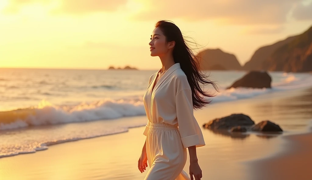 A photo of a beautiful Asian woman with long, wavy black hair wearing a white top and a white harem pant. She is walking on the beach atsunset. The background contains the ocean and a few rocks. The lighting is warm.Less