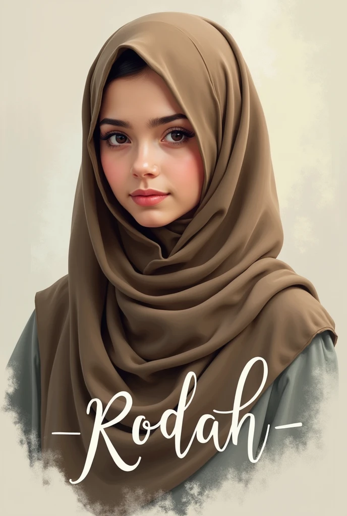 A hijab woman has text name " Rodah "