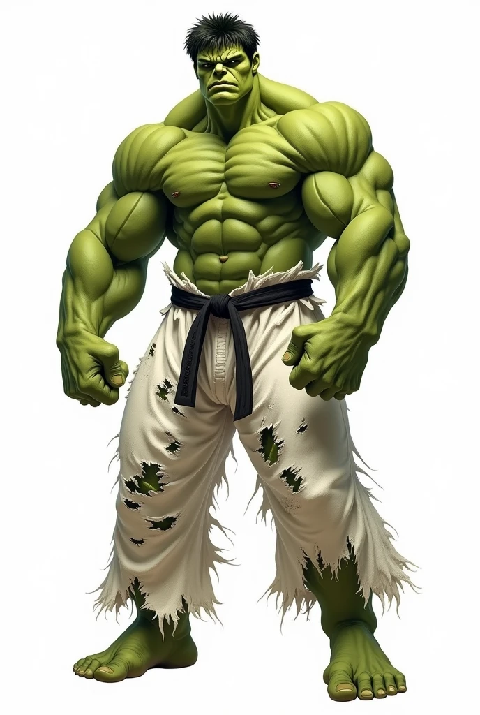 HULK WITH THE GREEN BODY, USANDO KIMONO Jiu Jitsu BRANCO , LONG AND RIPPED SLEEVES ON BOTH ARMS , long and RIPPED pants , black Belt, GIANT MUSCULAR, fully body, old drawing style, white background