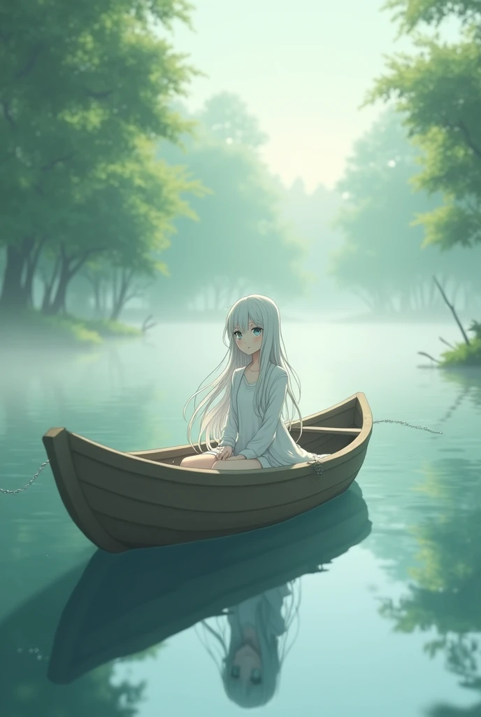 anime girl sitting in boat with long white hair 16:9