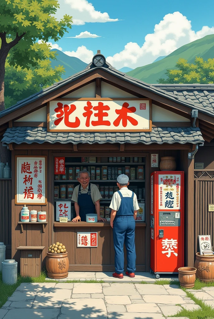 high resolution、High definition、oil、An illustration、Retro、Japanese countryside、Mom-and-pop candy store、Old Signs、vending machine、Retroな色調、