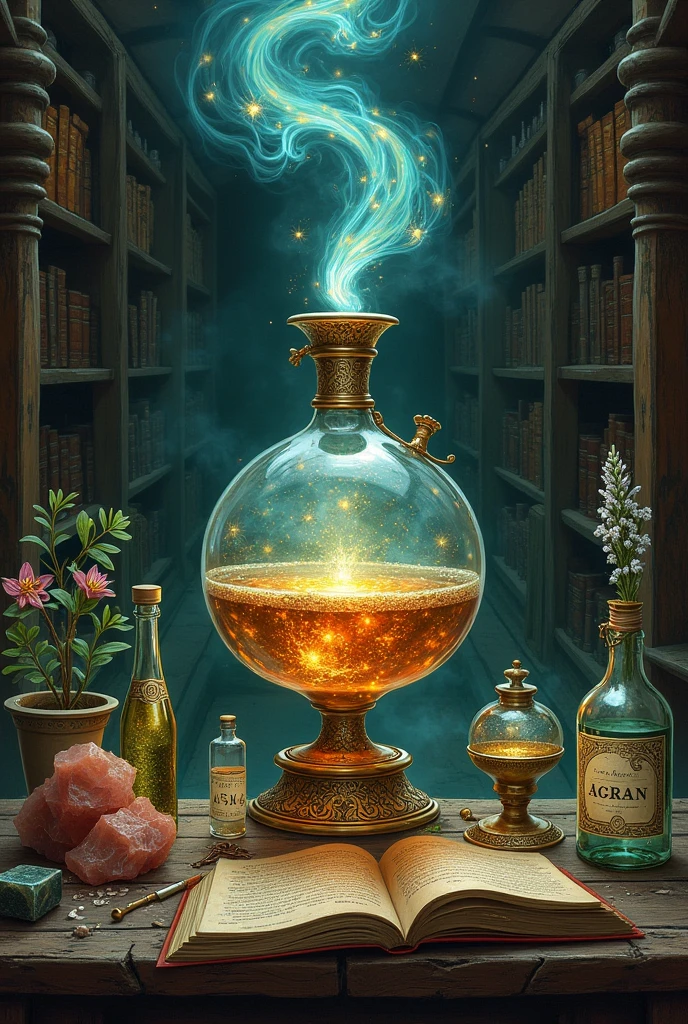 potion with herbs, painting, illustration, hyper realistic, intricate detail, ancient magic harry potter theme