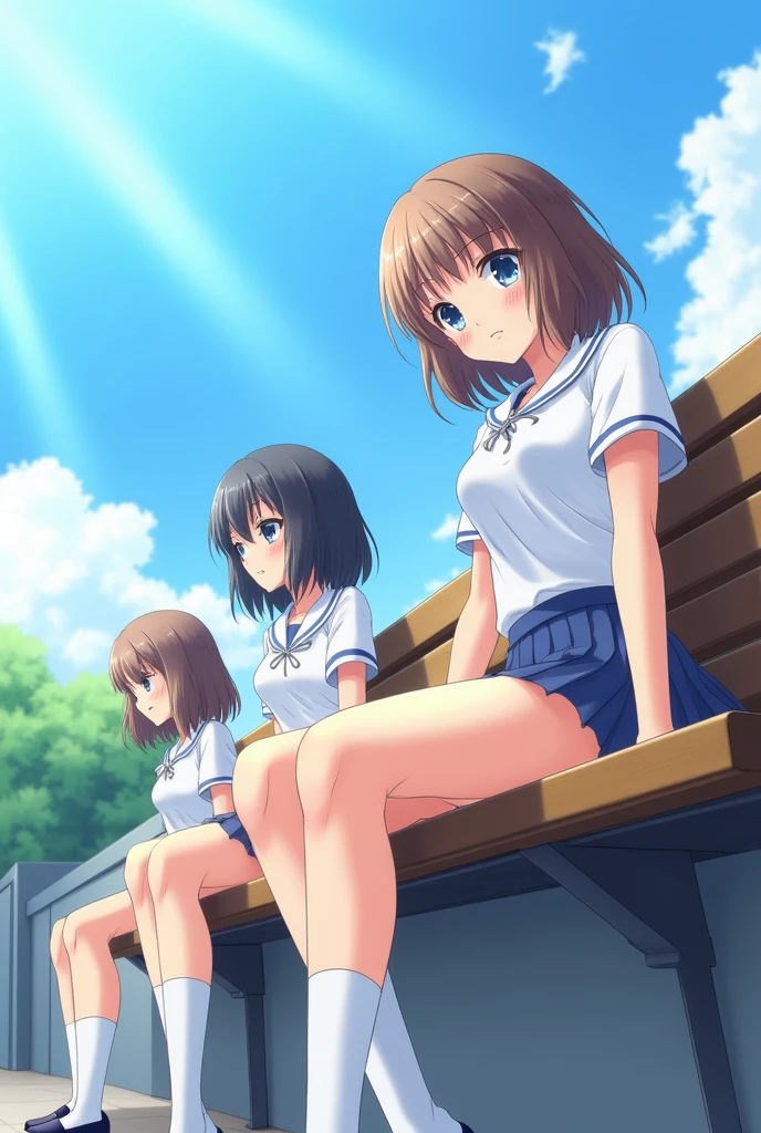 SFW, top-quality, masterpiece, beautiful high school girls in uniforms are sitting on bench seat, Girl has open legs, She has medium bob hair, (kawaii:1.2), small breasts, The sky is blue, the sunlight is strong, and the scene is captured from a low-angle perspective, Medium bob hair, lightbrown hair, small breasts, (flat chest:1.2), Open legs, showing panties, white panties, (wet pussy:1.12), red blush, White blouses, pleatedskirt, high socks, lowfers,